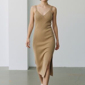Elegant Tan Brown Bodycon Midi Dress with Slit Fits S-M Frame